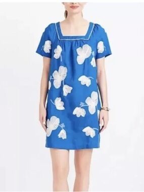 J. Crew Blue Linen Dress with White Floral Embroidery Size Medium